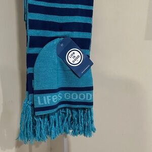 *LIFE IS GOOD* 2-Pc Striped Reversible Knit Scarf w/ Fringe & Beanie Set NWT